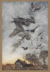 Néhány háború vere-egerekkel a bőr szárnyaikért. Jelenet a Szentivánéji álomból. alkotó: Arthur Rackham