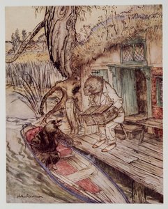 Sove that a lábad alatt figyelte meg a Vakondot, amint leszállt a csónakba, a Wind in the Willowsból, Kenneth Grahame (1859-1932), kocsma. 1940 alkotó: Arthur Rackham