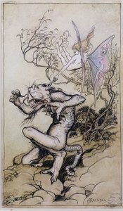 Sprite és szörny, Charles (1775-1834) és Mary Lamb (1764-1847) meséiből készült illusztráció, 1909 (toll és tinta, wc) alkotó: Arthur Rackham