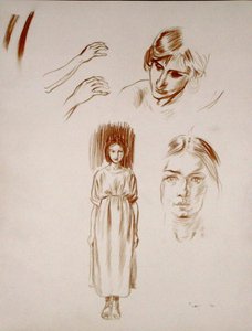 Tanulmányok egy nőről, az arcokról és a kezekről (sanguine papíron) alkotó: Arthur Rackham