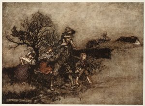 Egy csapat gyerek veszi körül. Rip Van Winkle-től Washington Irving, kocsma. 1910 alkotó: Arthur Rackham