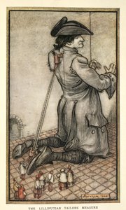 Lilliput szabói Gullivert mérve, illusztráció a Gulliver utazásaiból, Jonathan Swift, Arthur Rackham alkotó: Arthur Rackham