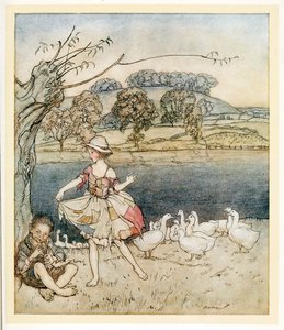 Tatterkabátok táncolnak, miközben a libapásztor sípzik, az English Fairy Tales kocsmából. 1922. alkotó: Arthur Rackham