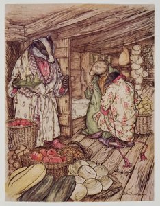 A borzok téli boltjai, amelyek valóban mindenhol látszottak, elfoglalták a fél helyiséget a Wind in the Willows-tól, Kenneth Grahame (1859-1932), kocsmától. 1940 alkotó: Arthur Rackham