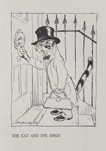 A macska és a madarak, illusztráció Aesopus meséiből, kiadta Heinemann, 1912. alkotó: Arthur Rackham