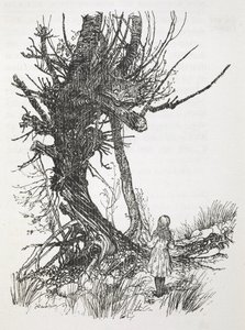 A Cheshire Cat egy fán néz le Alice-re alkotó: Arthur Rackham