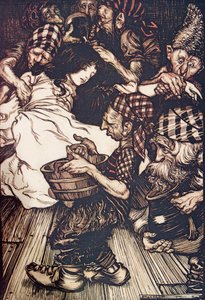 A törpék, amikor este megérkeztek, Hóvirágot találtak a földön fekve, a Grimm testvérek tündérmeséiből, kocsmából. 1909 alkotó: Arthur Rackham
