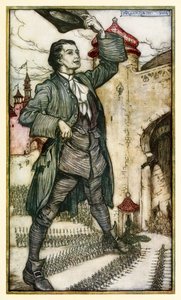 Lilliput császára áttekinti csapatait az I. részből: Utazás Lilliputhoz a Gullivers utazásokban, Jonathan Swift alkotó: Arthur Rackham