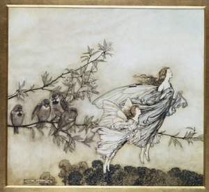 A Tündérek Tiff a madarakkal, 1906-os illusztrációja Peter Pan számára a Kensington Gardensben, J. M. Barrie, pub. 1906 (tinta és WC)