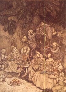 „The Feast” a „Peter Pan in Kensington Gardens”-ből, J. M. Barrie alkotó: Arthur Rackham