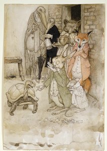 A nyúl és a teknős, illusztráció az Aesops Fables-ból, pub. Heinemann, 1912 (toll és tinta, wc papíron)