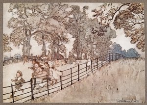 The Hump, amely a Broad Walk része, ahol az összes nagy versenyt lebonyolítják. Peter Pan a Kensington Gardens-ben, J M Barrie (1860-1937), pub. 1906 alkotó: Arthur Rackham