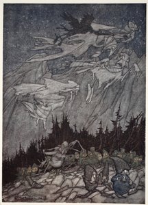 A Kaatskill-hegységet mindig is különös lények kísértették. Rip Van Winkle-től Washington Irving, kocsma. 1910 alkotó: Arthur Rackham