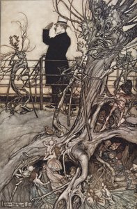 A Kensington Gardens Londonban található, ahol a király él ..", Pán Pétertől a Kensington Gardensben, J M Barrie (1860-1937), publikáció 1906 (színes litó) alkotó: Arthur Rackham