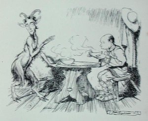 Az ember és a kecske, illusztráció az „Aesopus meséiből”, kiadó: Heinemann alkotó: Arthur Rackham