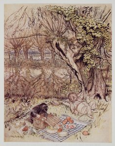 A Vakond szívességből könyörgött, hogy engedjék meg neki, hogy egyedül bontsa ki az egészet Kenneth Grahame (1859-1932), kocsma Wind in the Willows című művéből. 1940 alkotó: Arthur Rackham