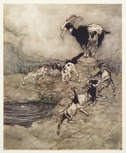 A hét kölyök és édesanyjuk körbejárták a tavaszt örömükben, a Grimm testvérek tündérmeséi kocsmából. 1909 alkotó: Arthur Rackham