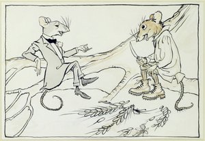 A városi egér és a vidéki egér, illusztráció az Aesops Fables-ból, 1912-ben (toll és tinta WC-vel papíron) alkotó: Arthur Rackham