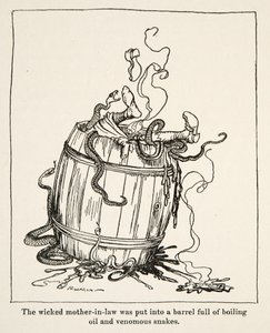 A gonosz anyóst egy forró olajjal és mérges kígyókkal teli hordóba tették, a Little Brother & Little Sister és a Grimm testvérek más meséiből, pub.1917 (litho) alkotó: Arthur Rackham