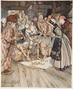 A kívánságasztal, az istenszamár és a cudgel a hátizsákban, a Little Brother & Little Sister és a Grimm testvérek egyéb meséiből, pub.1917 alkotó: Arthur Rackham
