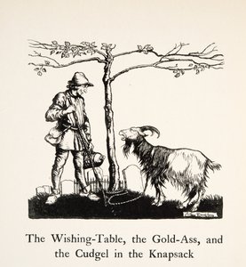 A kívánságasztal, az aranyszamár és a bújó a hátizsákban, a Little Brother & Little Sister és a Grimm testvérek egyéb meséiből, pub.1917 (litho) alkotó: Arthur Rackham