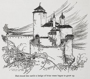 A Briar Rose (Csipkerózsika) töviseivel körülvett kastély alkotó: Arthur Rackham