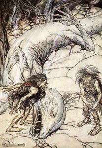 „A törpök veszekednek Fafner testén”, 1924. alkotó: Arthur Rackham