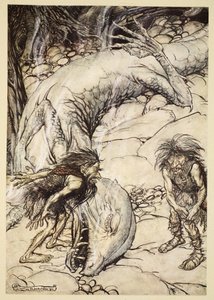 A törpök veszekednek Fafner testén, illusztráció a "Siegfried és az istenek alkonya"-ból, 1924 alkotó: Arthur Rackham