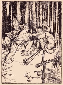 Az óriás a mellette ülőnek egy dobozt adott a fülére. Illusztráció: Arthur Rackham a Grimm meséjéből, Az ügyes vadász c. alkotó: Arthur Rackham