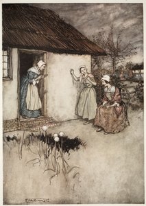 A falu jó feleségei soha nem vallottak kudarcot, esti pletykájuk során Dame Van Winkle-t hibáztatták, a Rip Van Winkle-től, Washington Irving, kocsma. 1910 alkotó: Arthur Rackham