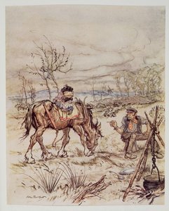 A cigány hanyagul megjegyezte. Szeretné eladni azt a lovadat?, Kenneth Grahame (1859 - 1932), kocsma Wind in the Willowsból. 1940 alkotó: Arthur Rackham