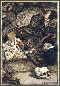 A kis ember a kör közepén ült a nagy koponyán, a The Ingoldsby Legends kocsmából. 1907 alkotó: Arthur Rackham