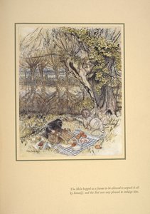 – A vakond szívességből könyörgött, engedjék meg, hogy egyedül bontsa ki az egészet; és a patkány nagyon örült, hogy elkényeztetheti. alkotó: Arthur Rackham