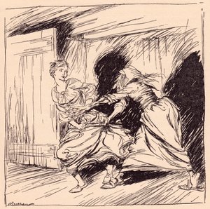 Az öregasszony megragadta a köntösénél, és megpróbálta erősen tartani. Illusztráció: Arthur Rackham Grimm meséjéből, Az elvarázsolt fa című művéből. alkotó: Arthur Rackham