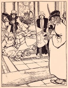 A csinos leány olyan könnyedén ugrott át a karikán, mint egy szarvas. Illusztráció: Arthur Rackham Grimm meséjéből, A három tollból. alkotó: Arthur Rackham