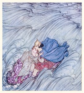Úgy tűnt, hogy a világok hullámai örvénylettek el mellettük egyetlen hatalmas zöld szőnyegen a Becuma of the White Skin in Irish Fairy Tales alkotó: Arthur Rackham