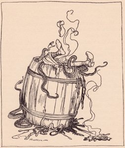 A gonosz anyóst egy forró olajjal és mérges kígyókkal teli hordóba tették. Arthur Rackham illusztrációja a 19. század végén megjelent Grimm tündérmeséjéből, A tizenkét testvérből. alkotó: Arthur Rackham
