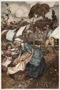 A falubeli asszonyok olyan kis alkalmi munkákra alkalmazták, amilyeneket a kevésbé elkötelezett férjeik nem tettek meg helyettük. Rip Van Winkle-től Washington Irvingtől, pub. 1910 alkotó: Arthur Rackham