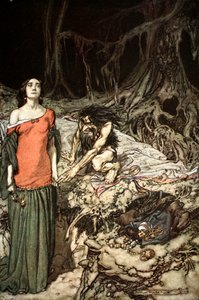 "Grimhilde, Hagen anyjának udvarlása", 1924. alkotó: Arthur Rackham