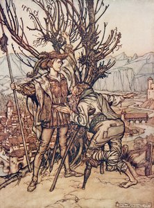 Az ifjú herceg azt mondta, nem félek; Elhatároztam, hogy elmegyek és megnézem a gyönyörű Briar Rose ?-t, a Grimm testvérek tündérmeséiből, kocsmából. 1909 alkotó: Arthur Rackham