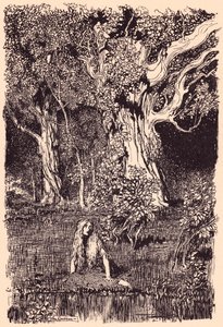 Ott ült, és sokáig ülve maradt volna, ha a legközelebbi fa ágaiban nem hallatszott a suhogás és reccsenés. Illusztráció: Arthur Rackham Grimm meséjéből: A libás lány a kútnál. alkotó: Arthur Rackham