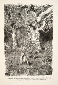 Ott ült, és sokáig ülve maradt volna, ha a legközelebbi fa ágaiban nem hallatszott a suhogás és repedés, a Little Brother & Little Sister és a Grimm testvérek más meséiből, pub.1917 (litho) alkotó: Arthur Rackham