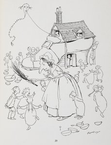 Volt egy idős hölgy, aki cipőben lakott. Nő egy cipőházzal és sok gyerekkel. alkotó: Arthur Rackham