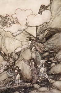 Ezek a tündérhegyek a Washington Irving által készített Rip Van Winkle-től, kocsma. 1910 alkotó: Arthur Rackham