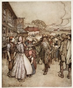 Körülötte tolongtak, és tetőtől talpig nagy kíváncsisággal szemlélték. Rip Van Winkle-től Washington Irving, kocsma. 1910 alkotó: Arthur Rackham