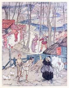 Felajánlottak egy tehenet tehenének minden lábáért, de a lány nem fogadta el ezt az ajánlatot, hacsak Fiachna óvadékot nem vállal a fizetésért. a Mongans Frenzy in Irish Fairy Tales-ből alkotó: Arthur Rackham
