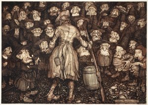 Olyan merev, szoborszerű tekintettel meredtek rá, hogy a szíve megfordult benne, és a térdei összeszorultak. Rip Van Winkle-től Washington Irvingtől, kocsmából. 1910 alkotó: Arthur Rackham