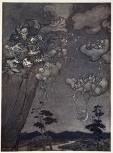 Egy régi sáfrány szellem uralta őket, aki felakasztotta az újholdakat az égre, és a régieket csillagokra vágta. Rip Van Winkle-től Washington Irving, kocsma. 1910 alkotó: Arthur Rackham