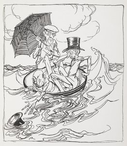 Három férfi egy tálban a tengeren. alkotó: Arthur Rackham