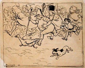 Amíg a „Battlefield” swarms like a Fair, illusztráció a „The Ingoldsby Legends, or Mirth and Marvels” című könyvéből, Thomas Ingoldsby Esquire, 1898-ban (toll és tinta papíron) alkotó: Arthur Rackham
